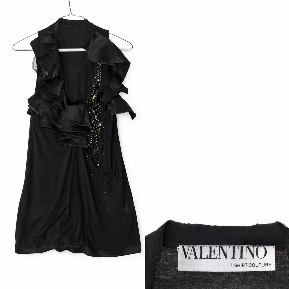 Valentino Black Ruffle Tank with Bead Embellishment